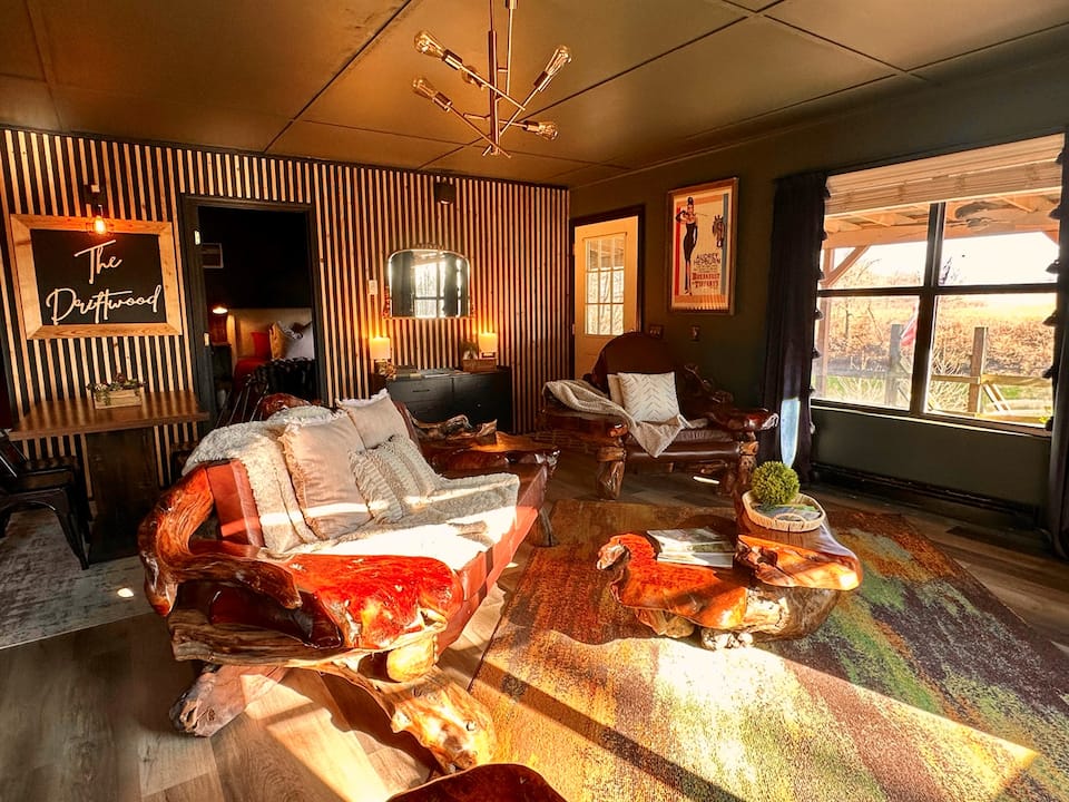 Cozy interior at Driftwood Cabin